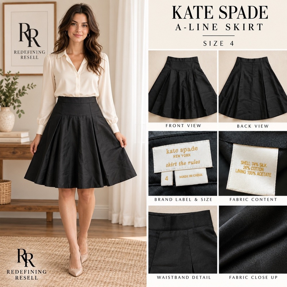Kate Spade New York Black Silk Cotton Pleated A-Line Skirt Size 4